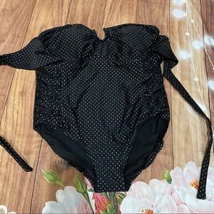 Pure‎ Energy Black Gold Polka Dot Halter One Piece